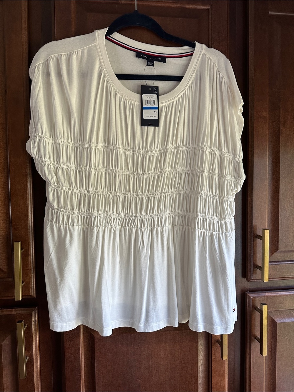 Tommy Hilfiger White Short-Sleeve Smocked Peasant Top